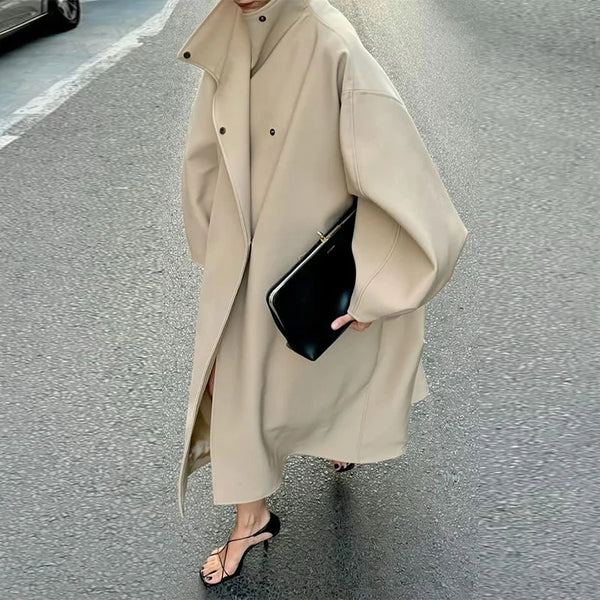Women's Elegant Autumn Winter Overcoat Bat Sleeve Loose Solid Long Jacket Stand Collar Outwears Female Streetwears