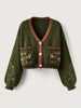 Women Fox Embroidery Cropped Knit Cardigan V Neck Contrast Scallop Trim Pocket Long Sleeve Coat Vintage Cottagecore Sweater