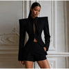 Pinstripe Women's Blazer Coats Back Cut Out Tie Long Sleeve Jackets for Woman Lapel Collar Navy Striped Suit Jacket Office Chic
