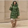 Printed Women's Winter Jacket Hooded Mid Length Padded Coat Belted Waist Padded Coat Vintage Leopard Print Winter Warm Wear