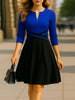 Womens Elegant Front Zipper Work Office A-Line Colorblock Business Casual Party Slim Fit And Flare Swing Dress