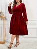 Plus Size Women's Velvet Long Sleeve V-Neck Midi Dress with Waist Tie in Elegant Red