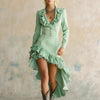 Elegant Ruffled Waist Pleat Long Dress Women's Irregular Solid Slim Party Dress Sexy V-neck Long Sleeve Wash Denim Dress