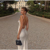 Solid Color Satin Bustier Women Maxi Dress Yellow Spaghetti Strap V Neck Waist-cinching Dresses Party Vestidos