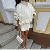 Shiny Stand Collar Short Jacket Women Puff Sleeve Drawstring Waist Cinching Pleated Jackets Autumn Causal Lady Outerwear