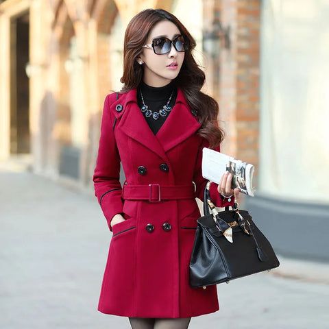 Autumn Winter Women Wool Coat Ladies Woolen Long Coat Female Slim-fit Double-Breasted Jacket with Belt S-3XL