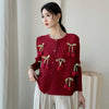 Design Bowknot Flower Women's Pleated Shirt Coat O-neck Elastic Loose Long Sleeve Sweet Temperament Chic Top