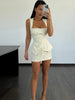 Women's White Floral Print Wide-strap Cami Dress With Waistband Satin Bodycon Mini Dresses Lady Elegant Party Robes