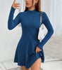 Women's Slim Fit Half High Collar Waist Cinched A-Line Skirt Long Sleeved Pit Stripe Dress