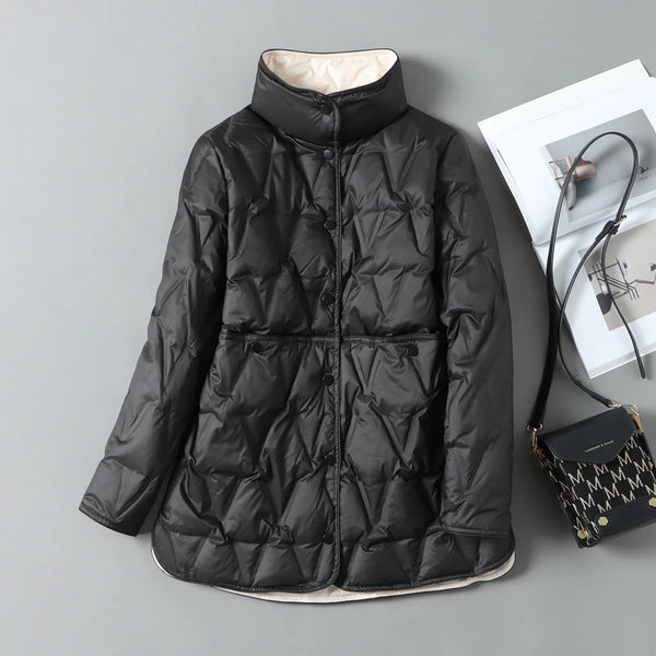 Lagabogy Autumn Winter Women Ultralight White Duck Down Long Jacket Female Single-Breasted Double Sided Puffer Coat