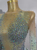 Sexy Sparkly Rhinestone Tassel Long Sleeves Mesh See Through Mini Dress Women Latin Dance Nightclub Party Club Stage Wear