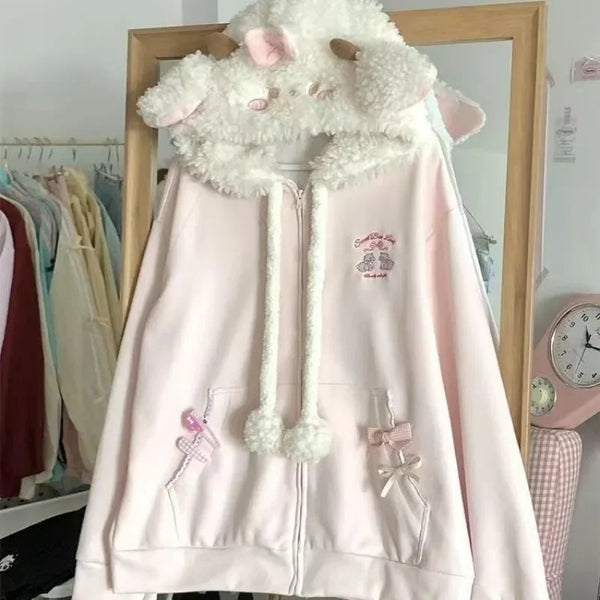 Japanese Sweet Hooded Cardigan Sweatshirt Embroidery Women Cute Jacket Spring Autumn Coat Hooded Y2k Kawaii Outerwear
