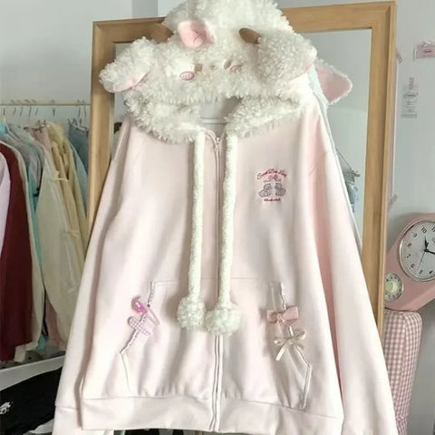 Japanese Sweet Hooded Cardigan Sweatshirt Embroidery Women Cute Jacket Spring Autumn Coat Hooded Y2k Kawaii Outerwear