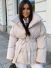 Casual Solid Lace Up Cotton Coat Women Chic Lapel Long Sleeve Warm Loose Pocket Short Jacket Winter Lady Commute Street Outwear