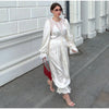 Women Pant Set Satin Lace Round Neck Puff Long Sleeve Button Front Drawstring Waist Blouse Cuffed Ruffle Hem Pants Elegant Suit