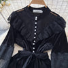 French Vintage Lace Embroidery Patchwork Velvet Dress Women Long Lantern Sleeve Pearl Buttons Lace Up Wedding Party Prom Vestido