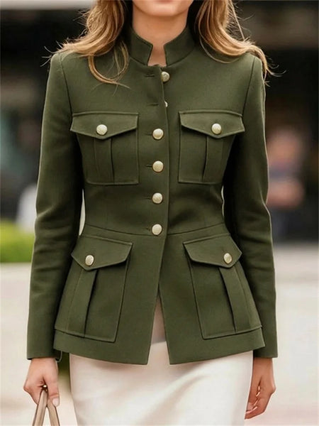 Women's Military Style Jackets Army Green Stand Collar Gold Button Slim Fit Multi-Pocket Casual Office Blazer Outerwears