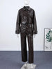 Leather Women's Pants Sets Chic Laple Single Breasted Long Sleeve Jackets Elastic Waist Straight Pants Suit Lady Outfits