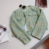 Elegant Green Plaid Tweed Jacket Women French Vintage Spring Autumn Casual Blazers High Street Short Suit Coat