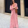Casual Solid Ruffles Patchwork Robe Women Minimalist Full Sleeve Mesh Loose Fit Lace Up Maxi Dress Vacation Daily Date Wear