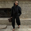 Edgy Stand Collar Woolen Women Coat Street Loose Long Sleeve Button Black Female Jacket Casual Autumn Winter Lady Outwear
