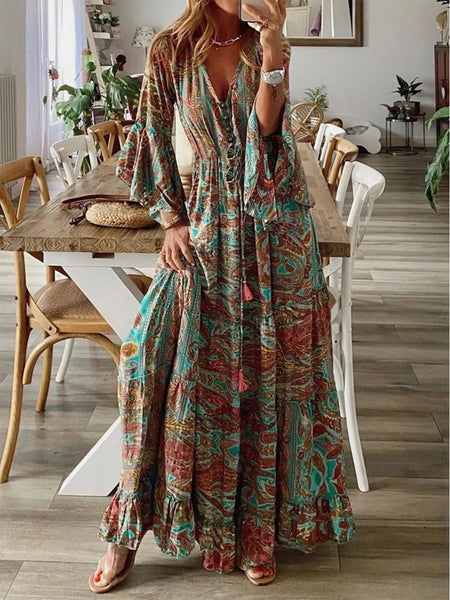 European and American Bohemian Style Flared Sleeve Print V-Neck High Waisted Vacation Dress Floral Women's Long Skirt