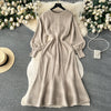 Loose Casual Knit Long Dress Women Solid Elastic Waist Lantern Sleeve O Neck Ladies Winter Sweater Dresses