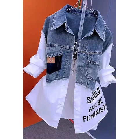 Women Denim Blouse Jacket Spring Autumn Korean Splicing Ladies Cowboy Shirt Tops Casual Stripe Female Windbreaker