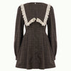 Casual Plaid Print Mini Dress Women Loose Lapel Lace Splice Long Sleeve Dress Party Vacation Clothes Female