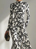 Flower Print Long Sleeve Elegant Maxi Dress Women Gown Spring Ruched Bodycon Mock Neck Long Dresses Female