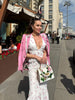 Women White Floral Print Maxi Dress V Neck Puff Sleeve Peplum Waist Fishtail Hem Chiffon Robe Elegant Party Wedding Guest Gown
