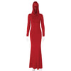 High Street Red Christma Hooded Long Sleeve Maxi Dress for Woman Slim Solid Bodycon Party Vestidos Elegant Autumn Dresses