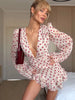 Women Elegant Flora Painted Ruffle Mini Dress Chic Full Sleeve Deep V-neck Slim A-line Dresses Lady Vacation Street Gowns