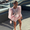 Women's Pink Floral Print Puff Sleeve Dress With Waistband Deep V-neck Chic Satin Ruffled Hem Mini Dress Elegant Sexy Robes