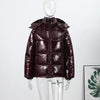Solid Glossy Zipper Hooded Coats Women's Warm Elastic Waist Pleated Short Cotton Jacket Winter Lady High Street Outwear