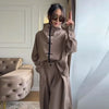 Casual Drawstring Women Outfit Chic Zipper Buttons Long Sleeve Stand Collar Female Coat Drape Wide Leg Pant Loose Streetwear Set