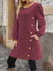 Elegant Plus Size Women's Dress Autumn Winter, Round Neck Long Sleeve Button Pocket Dress