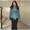 Women's Denim Lace Up Jacket Lapel Neck Waist Cinching Button Front Long Sleeve Coat Spring Femlae Casual Daily Outerwear