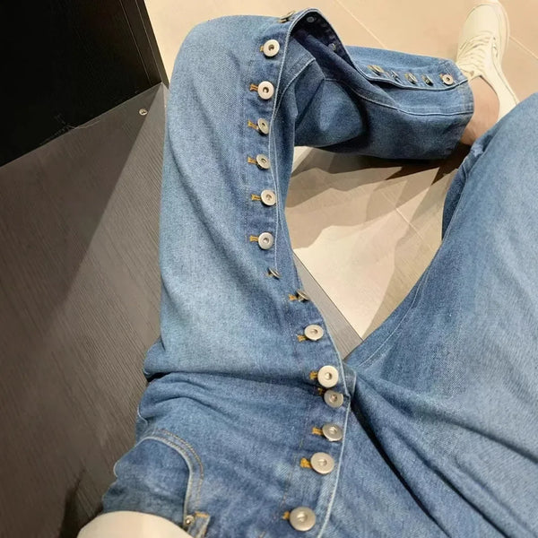 American high street breasted design straight jeans women's autumn and winter high waist design loose slim pants