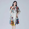 Printting Women's Pleated Dress Turn Down Collar Single Breasted Elastic Loose Long Sleeve Dresses 2DB8280