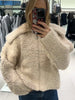 Soft Fleece Jacket For Women Elegant Oversized Lapel Long Sleeve Zipper Cropped Coat Lady Spring Casual Outerwear
