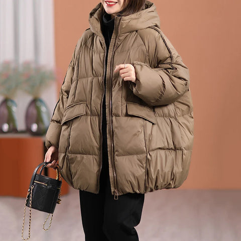 Women White Duck Down Jacket with Hood Autumn Winter Warm Outwear Casual Loose Over Size Outwear Thick Coat