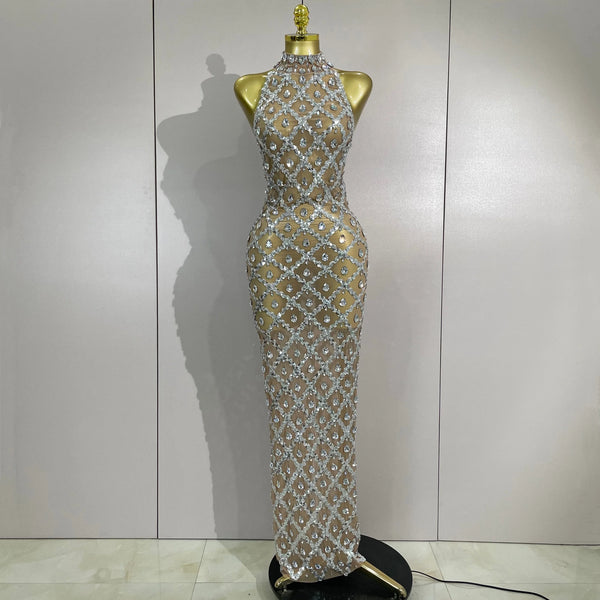 Stock Sparkly Diamonds Sequins Mesh Sheer Long Dress Women Celebrate Evening Birthday Party Sexy Nightclub Stage Costume