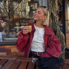 Women Stand Collar Leather Pilot Jacket Red Zipper Cropped Coat Casual Outerwear Streetwear