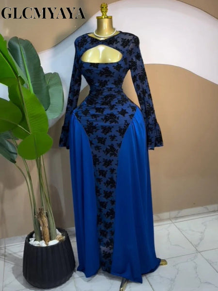 Women Floral Patchwork Ruched Side Cutout Front Long Sleeve Midi Maxi Long Dress Party Education Dresses