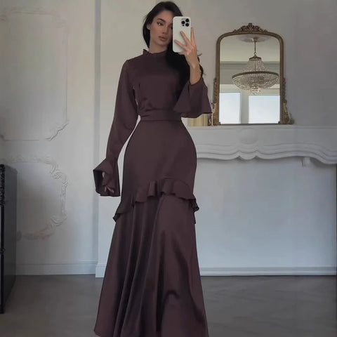 High Neck Ruffled Bell Sleeve Belted Waist Tiered Hem Elegant Maxi Dress Women Formal Evening Gown