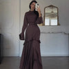 High Neck Ruffled Bell Sleeve Belted Waist Tiered Hem Elegant Maxi Dress Women Formal Evening Gown