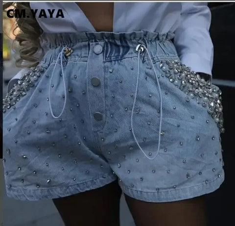 Women Diamonds Drawstring Button Wide Leg Denim Shorts Jeans Autumn Street Slim Basic Short Pants Trousers