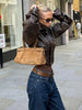 PU Leather Stand Neck Short Jacket Women Vintage Chic Solid Single Breasted Slim Jackets Female Autumn Classic Outerwear