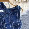 Autumn Dress Suit Women Korean Chic Blue Tweed Jacket + Vest Dress Elegant 2 Piece Set Long Sleeve Cropped Coat